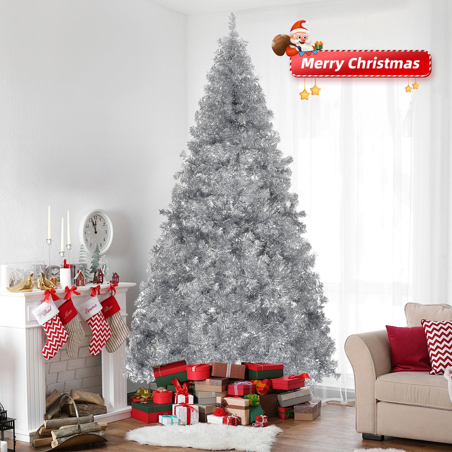 7 FT Artificial Christmas Tree, Unlit Christmas Pine Tree with 1150 Branch Tips and Sturdy Metal Stand for Office Home Store Party Holiday Decor, Silver