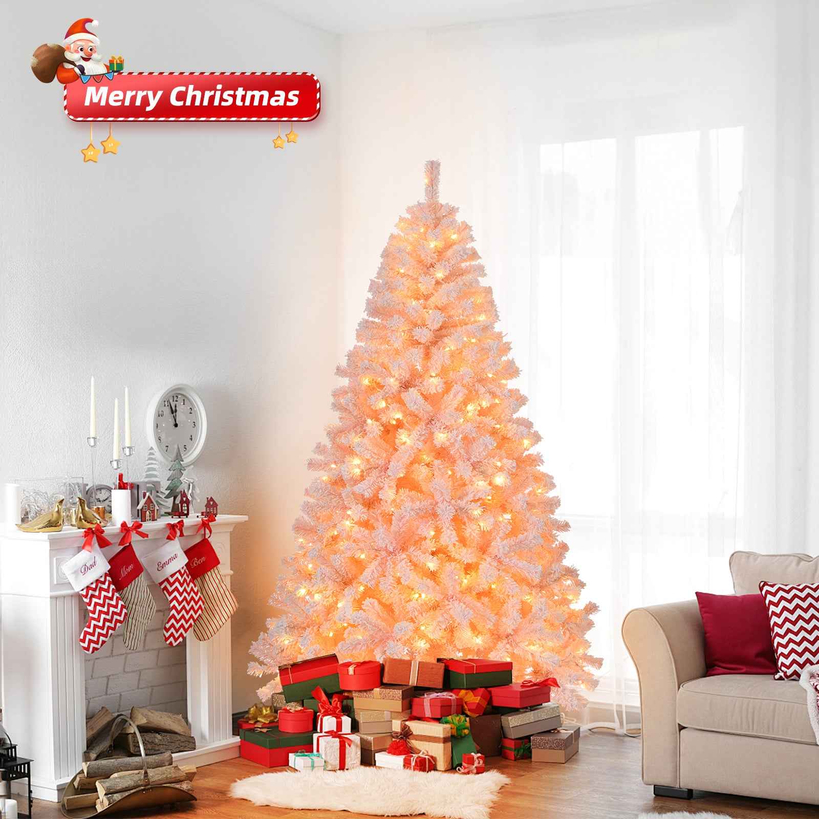 6 FT Artificial Christmas Tree with DIY 100 Warm Lights Battery Operated, 750 Branch Tips and Sturdy Metal Stand, Pink