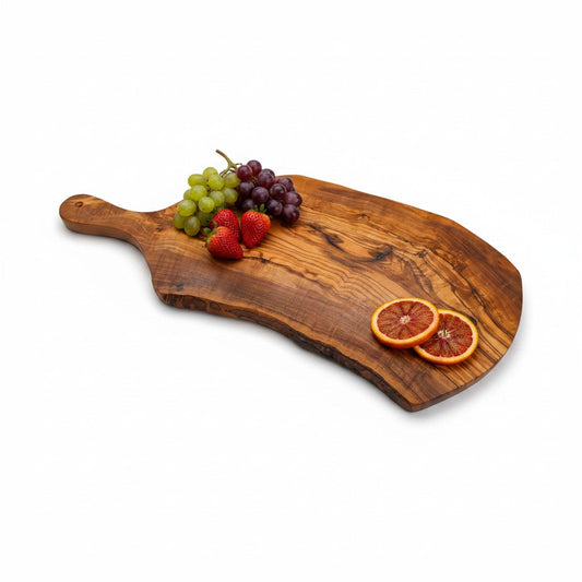 Handmade Olive Wood Live Edge Paddle Board with Handle | Rustic Freeform Charcuterie & Fruit Serving Board | Natural Grain | 30–40 cm