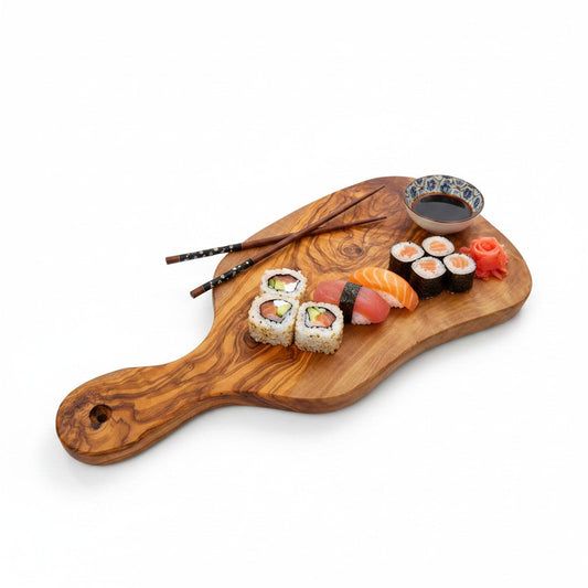 Olive Wood Small Charcuterie Board Wooden Serving Handmade Olive Wood Freeform Paddle Serving Board with Handle | Burl Knot Grain Fruit Cheese & Charcuterie Board | Unique Shape | 33–45 cmW/ Handle | Various Sizes