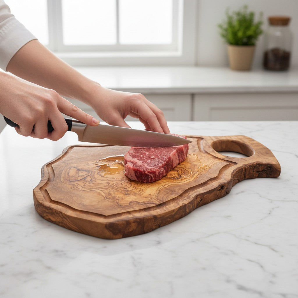 Handmade Olive Wood Burl Board with Handle & Juice Groove | Live Edge Freeform Charcuterie & Serving Board | Unique Grain | Multiple Sizes