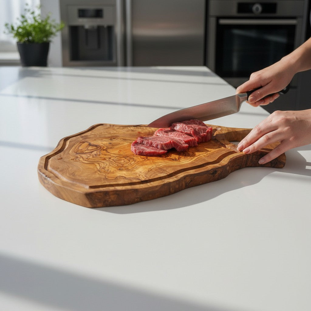 Handmade Olive Wood Burl Board with Handle & Juice Groove | Live Edge Freeform Charcuterie & Serving Board | Unique Grain | Multiple Sizes