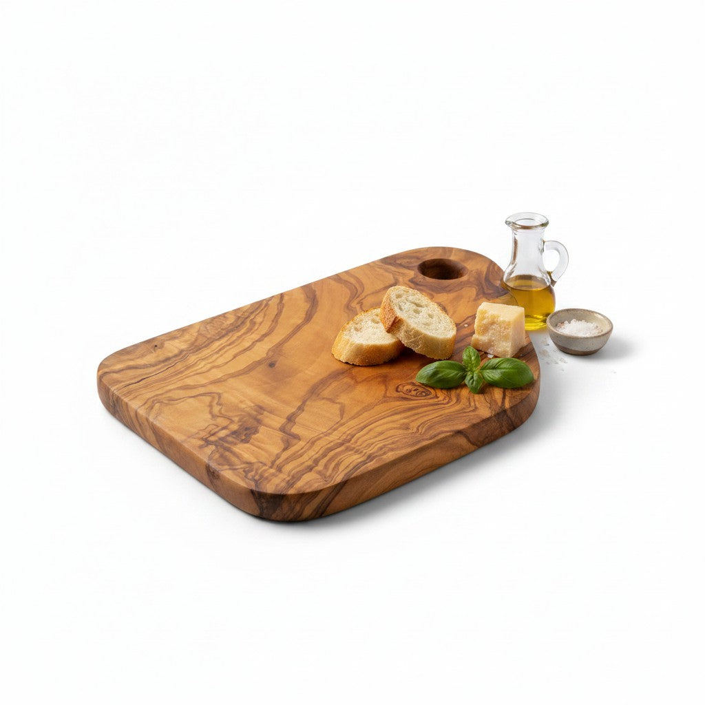 Handmade Olive Wood Cutting Board with Handle & Hanging Hole | Rustic Bread Cheese & Serving Board | Beautiful Natural Grain | 28 cm