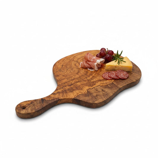 Olive Wood Medium Cutting Board with Handle 39 Handmade Olive Wood Round Freeform Charcuterie Board with Handle | Large Live Edge Cheese & Antipasti Serving Board | Bold Natural Grain | 33–46 cm