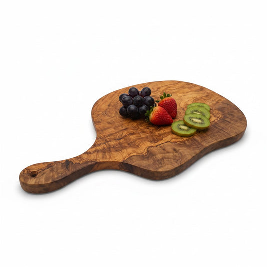Handmade Olive Wood Round Freeform Charcuterie Board with Handle | Large Live Edge Cheese & Antipasti Serving Board | Bold Natural Grain | 33–46 cm