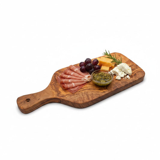 Handmade Olive Wood Paddle Cutting Board with Handle & Hanging Hole | Rustic Bread Herb Chopping & Serving Board | Natural Grain | 23–31 cm