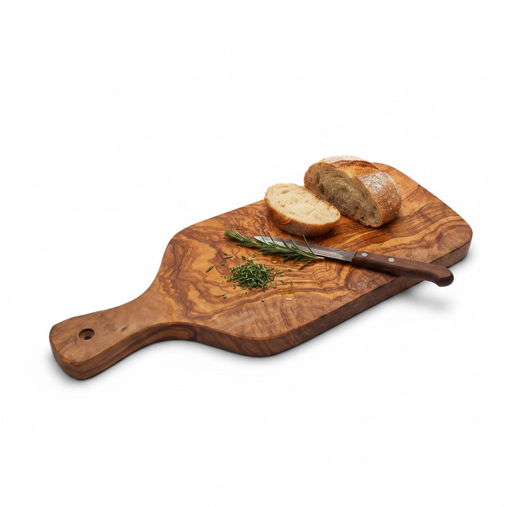 Handmade Olive Wood Paddle Cutting Board with Handle & Hanging Hole | Rustic Bread Herb Chopping & Serving Board | Natural Grain | 23–31 cm
