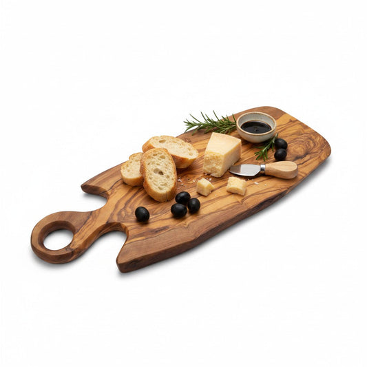 Handmade Olive Wood Freeform Serving Board with Round Loop Handle | Live Edge Cheese Charcuterie & Antipasti Board | Unique Grain | 35–50 cm