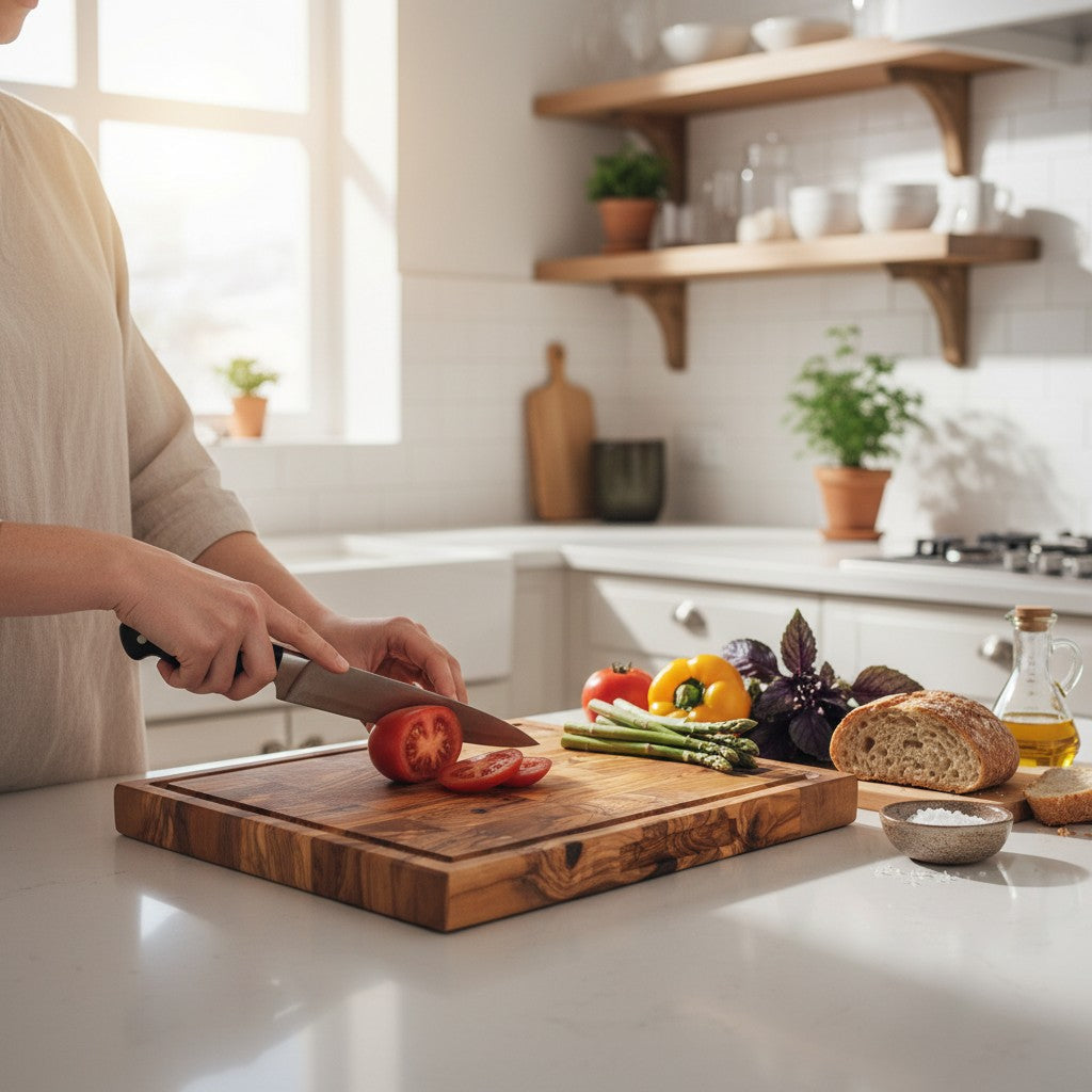Handmade Square End Grain Olive Wood Chopping Board - Premium Butcher Block with Juice Groove & Side Handles