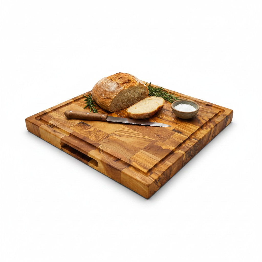 Handmade Square End Grain Olive Wood Chopping Board - Premium Butcher Block with Juice Groove & Side Handles