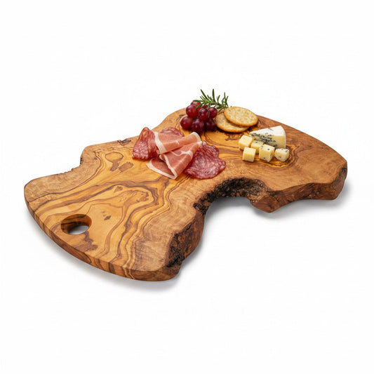 Handmade Olive Wood Freeform Charcuterie Board with Hanging Hole | Live Bark Edge Cheese & Antipasti Serving Board | Unique Grain | 25–45 cm