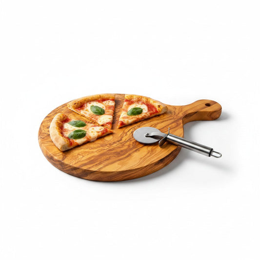 Handmade Olive Wood Round Pizza Board with Handle | Wooden Pizza Serving Paddle & Cheese Board | Natural Grain | 18–35 cm