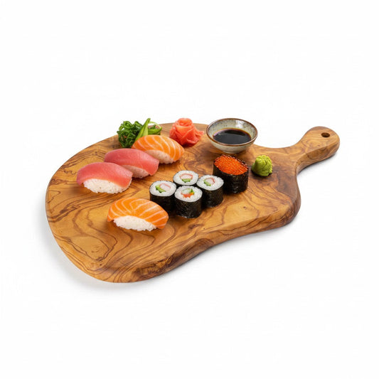 Handmade Olive Wood Round Freeform Charcuterie Board with Handle | Large Live Edge Cheese & Antipasti Serving Board | Bold Natural Grain | 33–46 cm