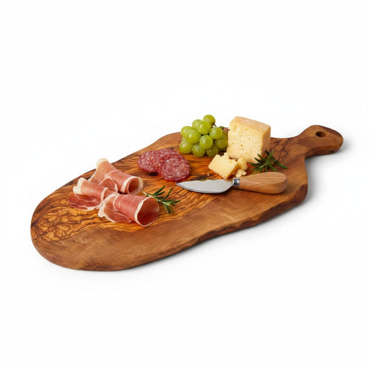 Handmade Olive Wood Teardrop Paddle Serving Board with Handle | Live Edge Charcuterie Cheese & Antipasti Board | Stunning Grain | 35–50 cm