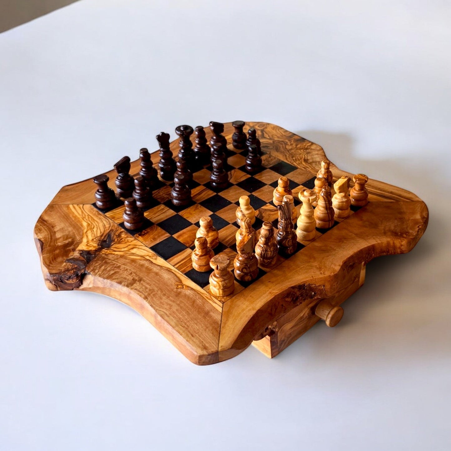 Handcrafted Olive Wood Chess Set with Drawer | Live Edge Red or Black Board