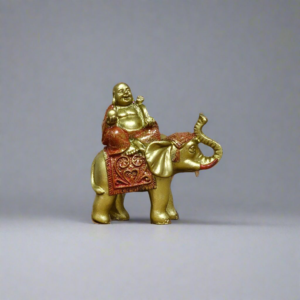 Lucky Buddha On Elephant | Brushed Wood Effect Resin Figurine