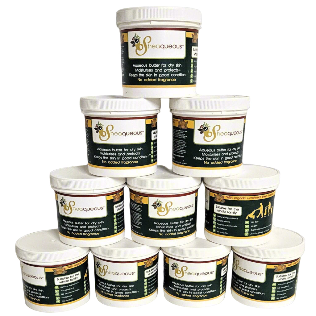 10  Pots of Sheaqueous Aqueous Cream with Organic Shea Butter, Almond Oil, cocoa butter, vitamin E. A natural aqueous cream for very dry skin, for Sensitive Skin, Children, Eczema prone skin , Use in Pregnancy for expanding tummy NO ADDED FRAGRANCE