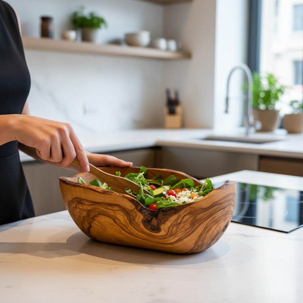 Hand-Carved Olive Wood Salad Bowl – 20–45 cm Rustic Serving Bowl