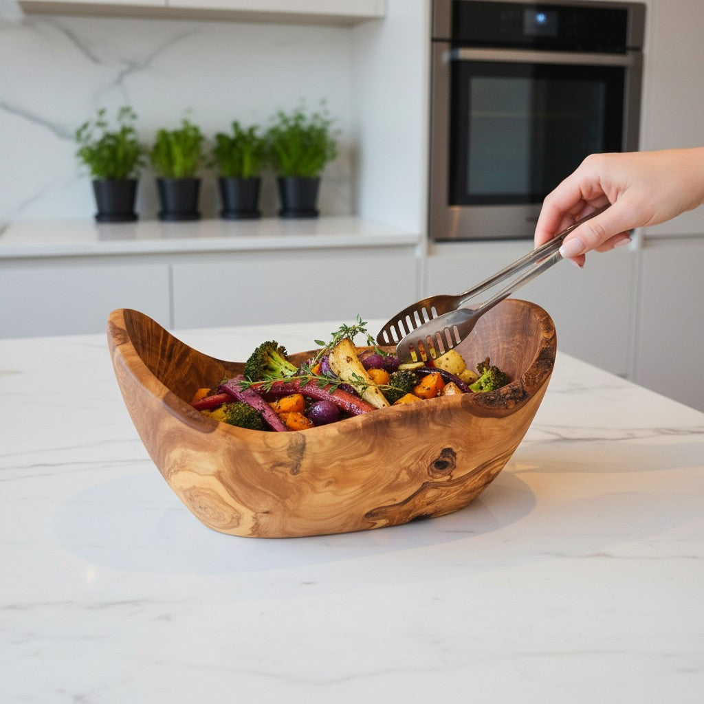 Hand-Carved Olive Wood Salad Bowl – 20–45 cm Rustic Serving Bowl