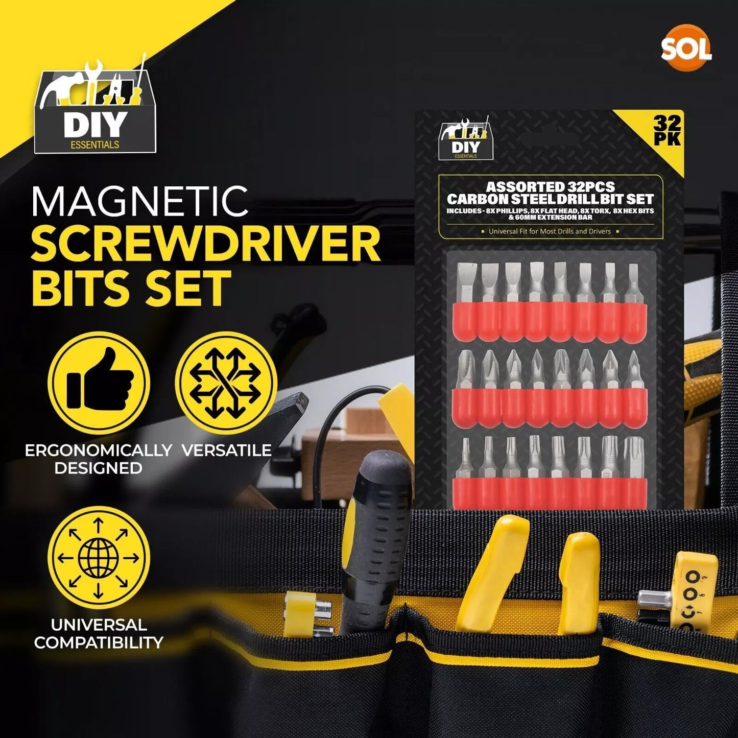 32PC Assorted Power Drill Bit Set Screwdrivers Phillips Flat Head Torx Hex & Bar