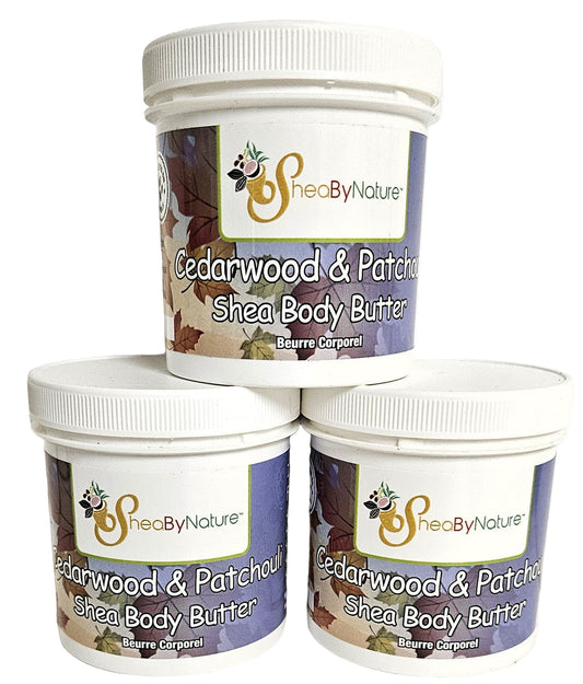 3 Pots of Sheabynature Cedarwood & Patchouli Shea Butter Body Butter with Coconut Oil and Cocoa Butter , Natural Skincare Product for Dry Skin 250g