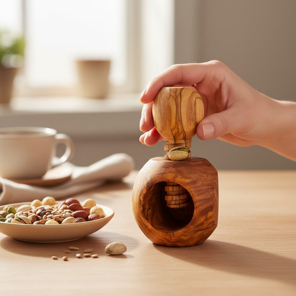 Olive Wood Mushroom Nutcracker | Wooden Screw Thread Manual Nut Breaker Tool