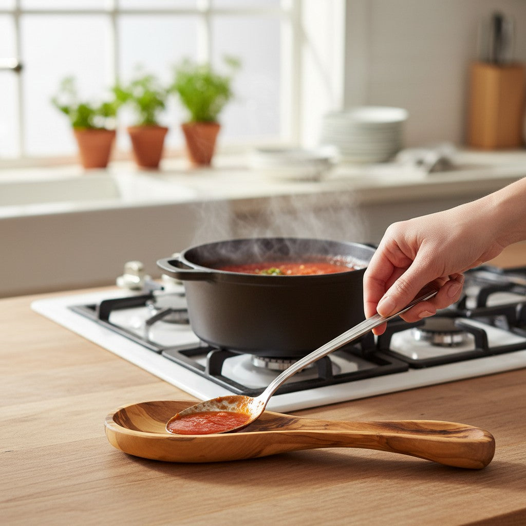 Olive Wood Spoon Rest | Wooden Kitchen Ladle Holder Cooking Utensil Stand