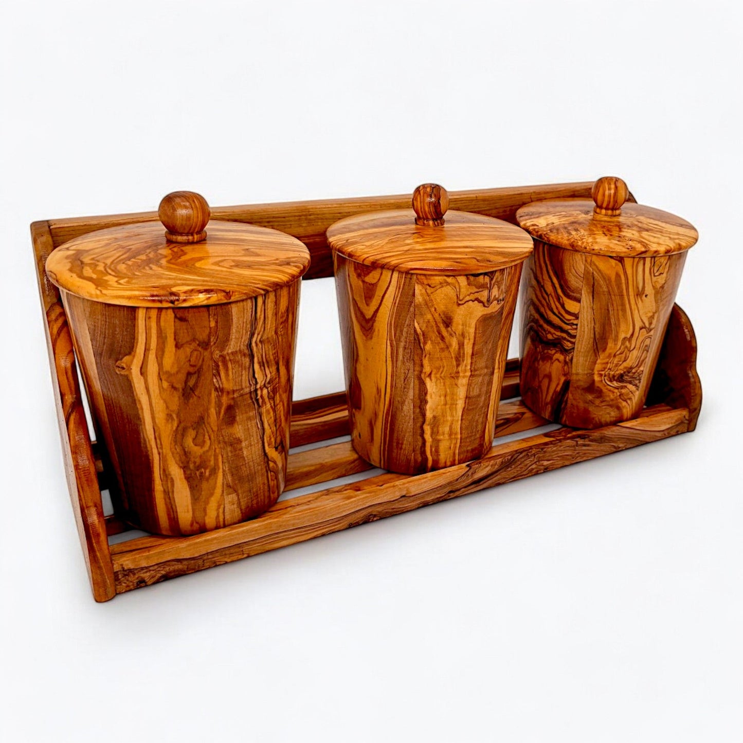 Olive Wood Storage Canister Set of 3 with Rack | Wooden Kitchen Spice Jar Pots