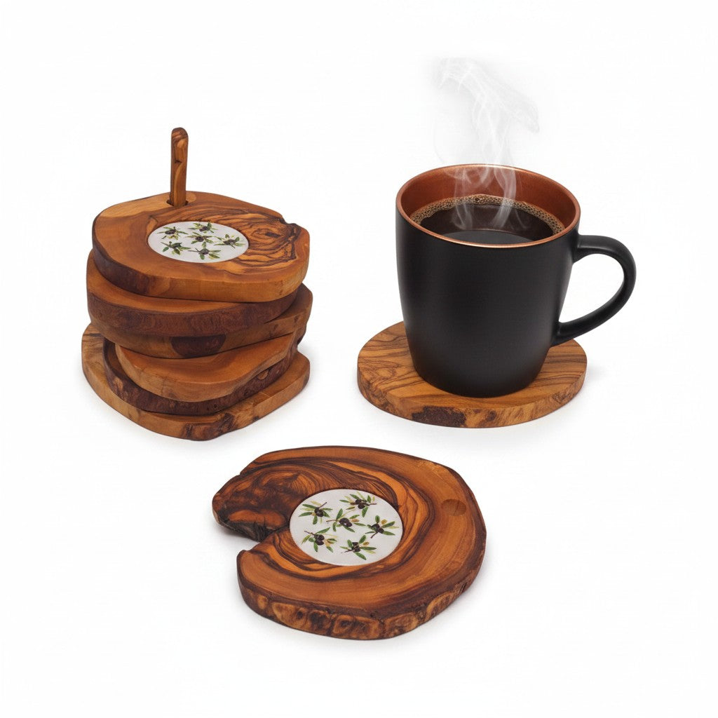 Handcrafted Olive Wood Coaster Set - Rustic Drink Coasters with Ceramic Inlay
