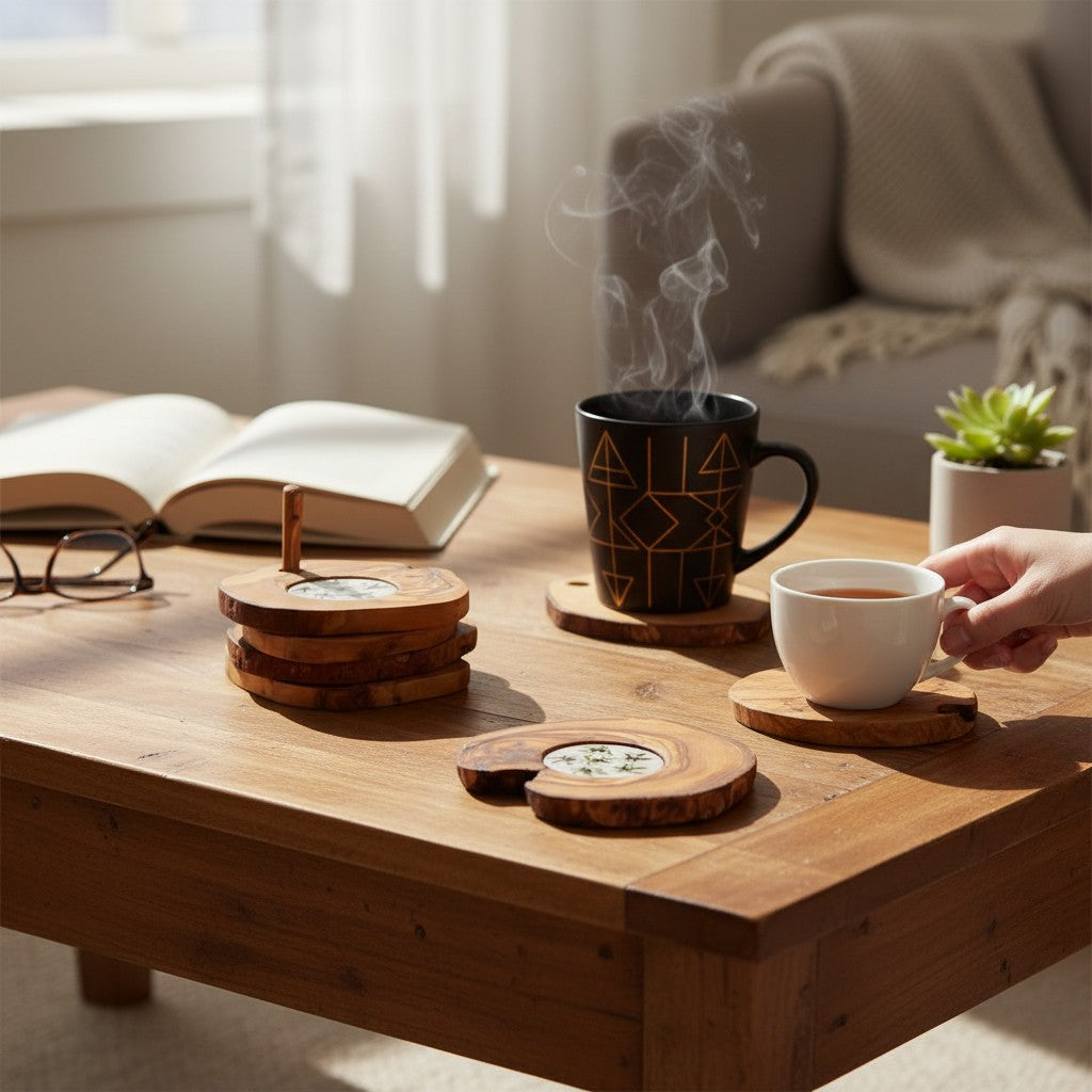 Handcrafted Olive Wood Coaster Set - Rustic Drink Coasters with Ceramic Inlay