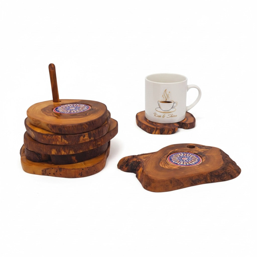 Handcrafted Olive Wood Coaster Set - Rustic Drink Coasters with Ceramic Inlay