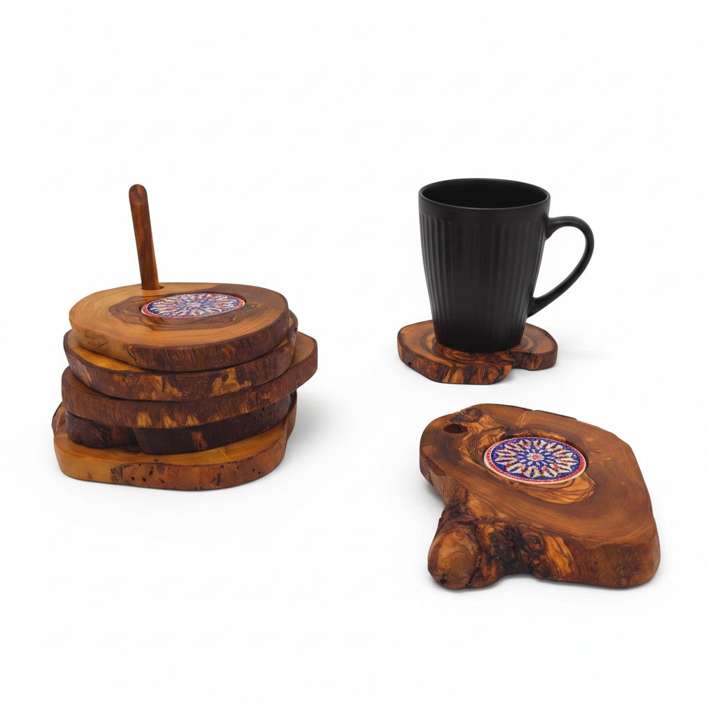 Handcrafted Olive Wood Coaster Set - Rustic Drink Coasters with Ceramic Inlay