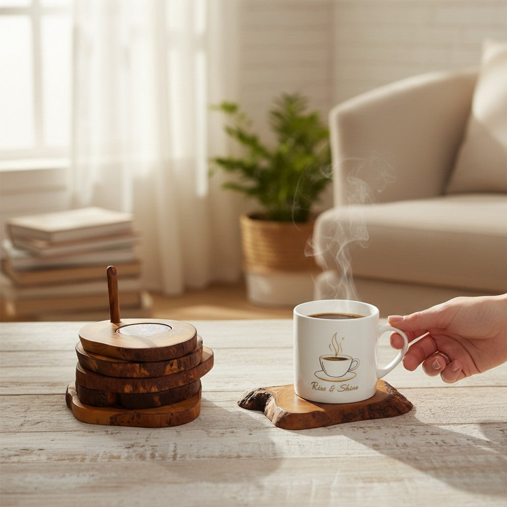 Handcrafted Olive Wood Coaster Set - Rustic Drink Coasters with Ceramic Inlay