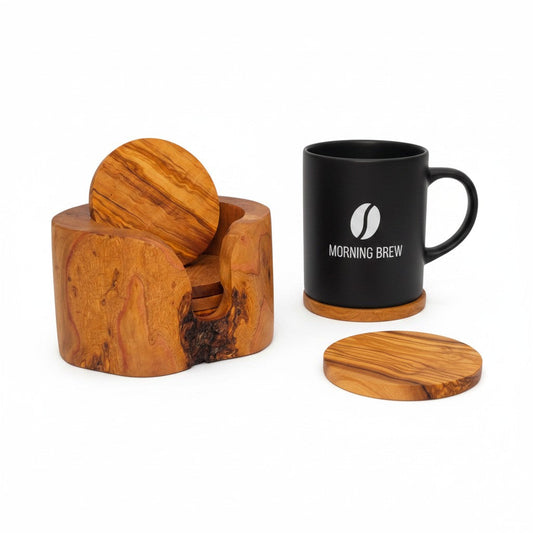 Olive Wood Coaster Set with Holder | Rustic Drink Coasters Coffee Table Mats