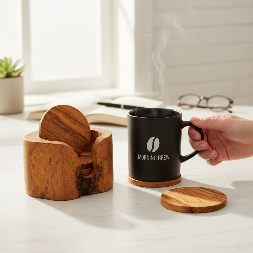 Olive Wood Coaster Set with Holder | Rustic Drink Coasters Coffee Table Mats