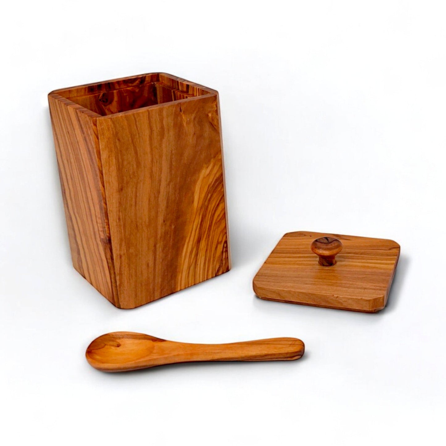 Handcrafted Olive Wood Square Salt Keeper - Wooden Spice Box Pots & Spoon