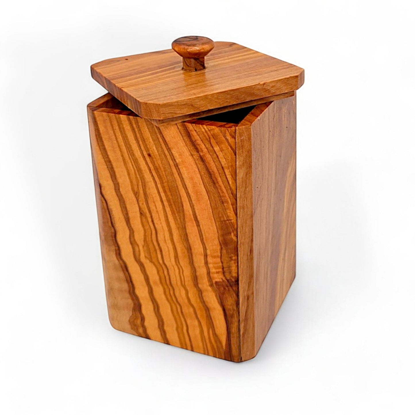 Handcrafted Olive Wood Square Salt Keeper - Wooden Spice Box Pots & Spoon