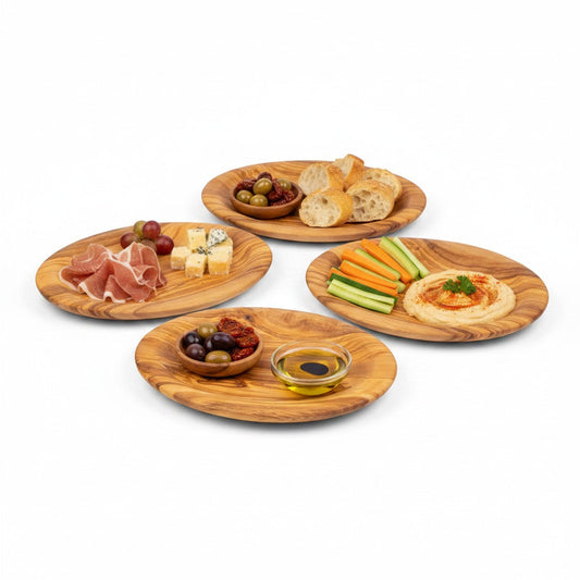 Handcrafted Olive Wood Round Plates - Matching 4pc Tapas & Appetizer Set
