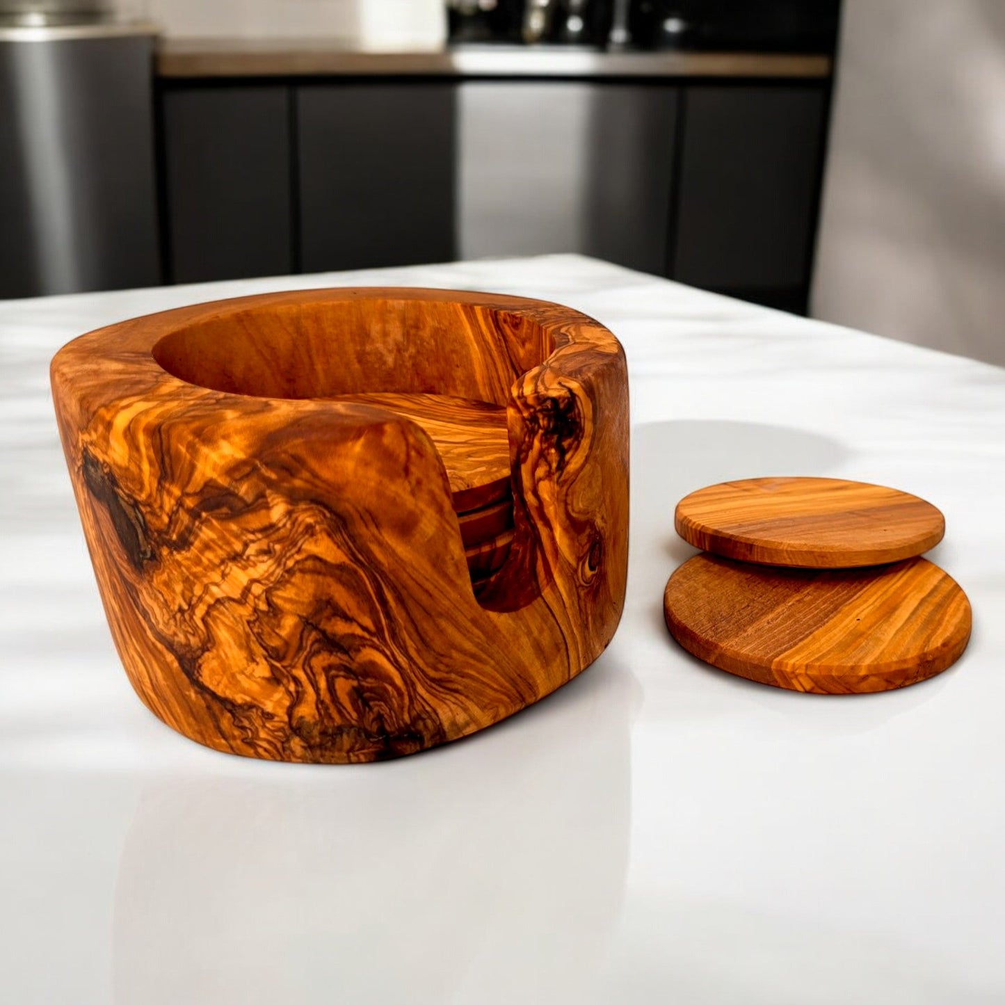Olive Wood Coaster Set with Holder | Rustic Drink Coasters Coffee Table Mats