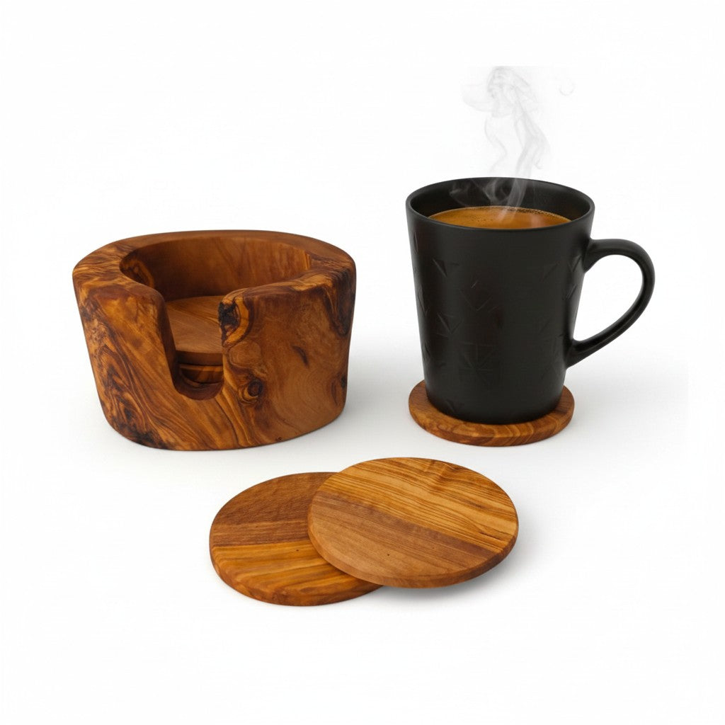 Olive Wood Coaster Set with Holder | Rustic Drink Coasters Coffee Table Mats