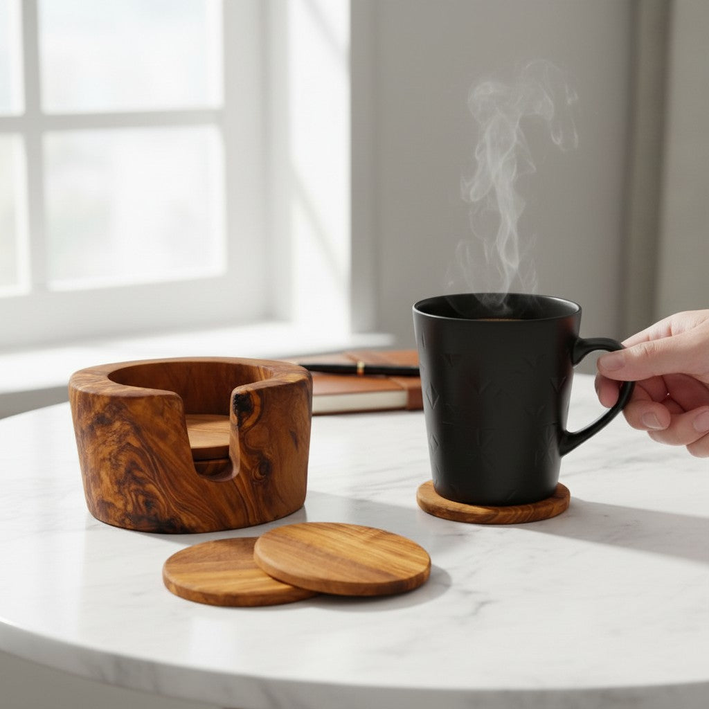 Olive Wood Coaster Set with Holder | Rustic Drink Coasters Coffee Table Mats