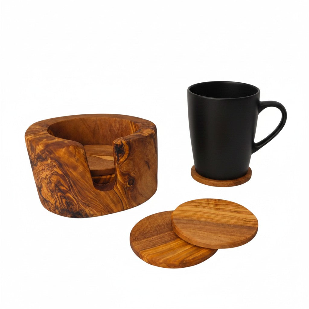 Olive Wood Coaster Set with Holder | Rustic Drink Coasters Coffee Table Mats