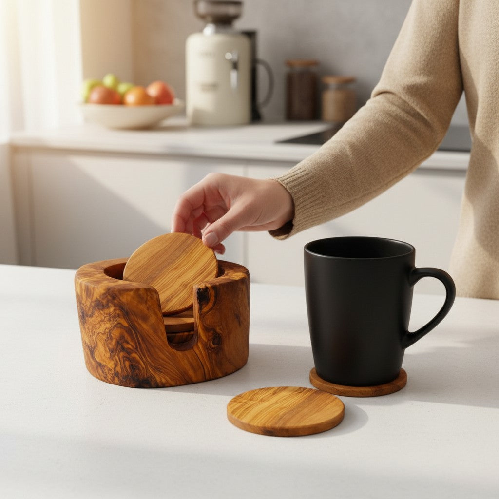 Olive Wood Coaster Set with Holder | Rustic Drink Coasters Coffee Table Mats