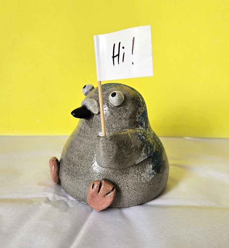 Pigeon with Sign - Handmade Ceramic Friend