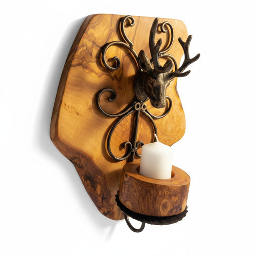 Rustic Olive Wood Stag Candle Holder Wall Sconce | Luxury Live Edge Deer Decor