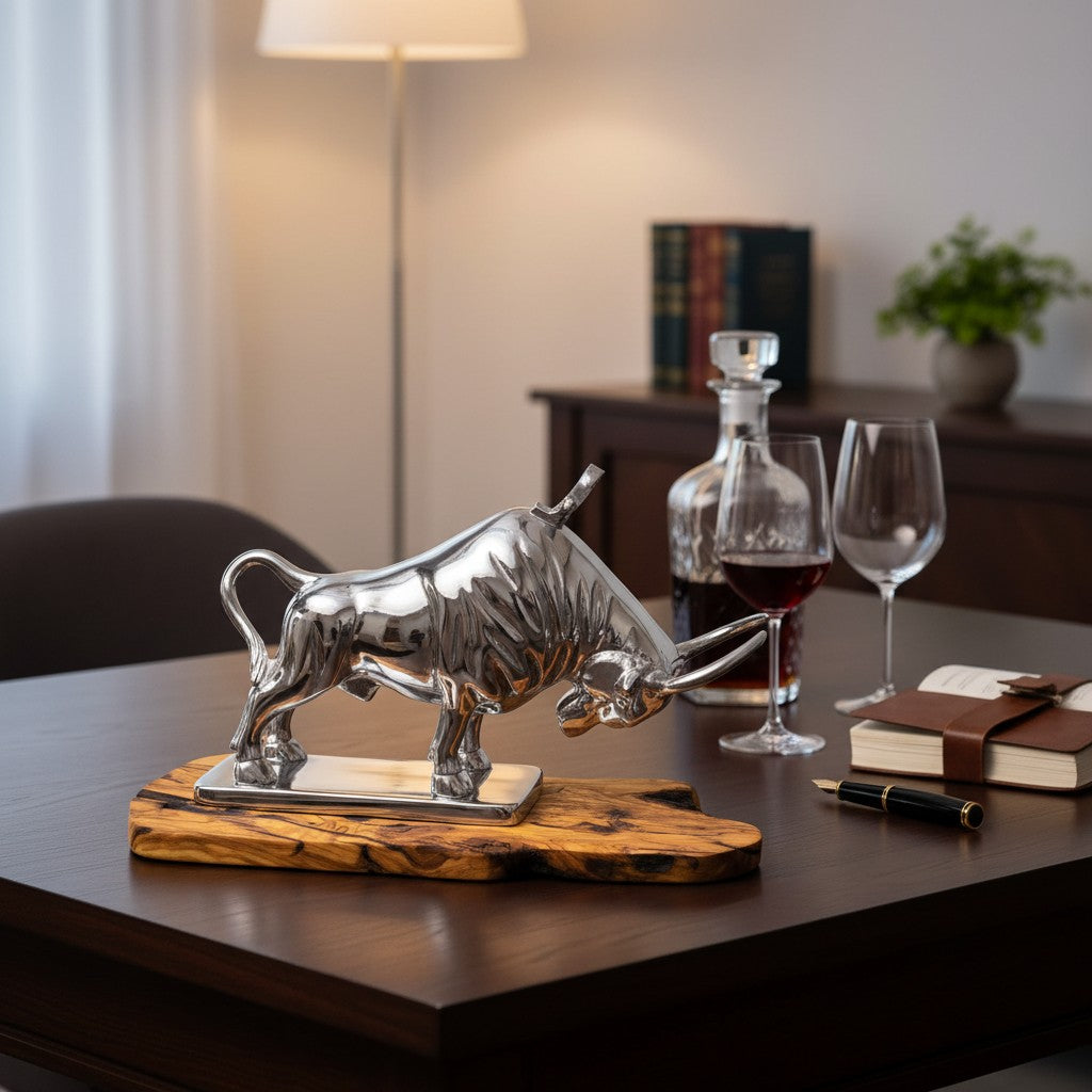Wall Street Charging Bull Wine Bottle Holder | Luxury Olive Wood Base Bar Decor