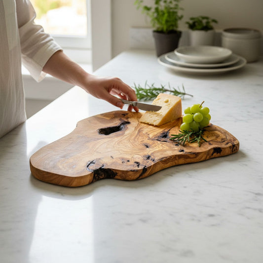 Large Handmade Olive Wood Freeform Serving Board | Extra Large Live Edge Charcuterie & Chopping Board | Unique Grain | 35–60 cm
