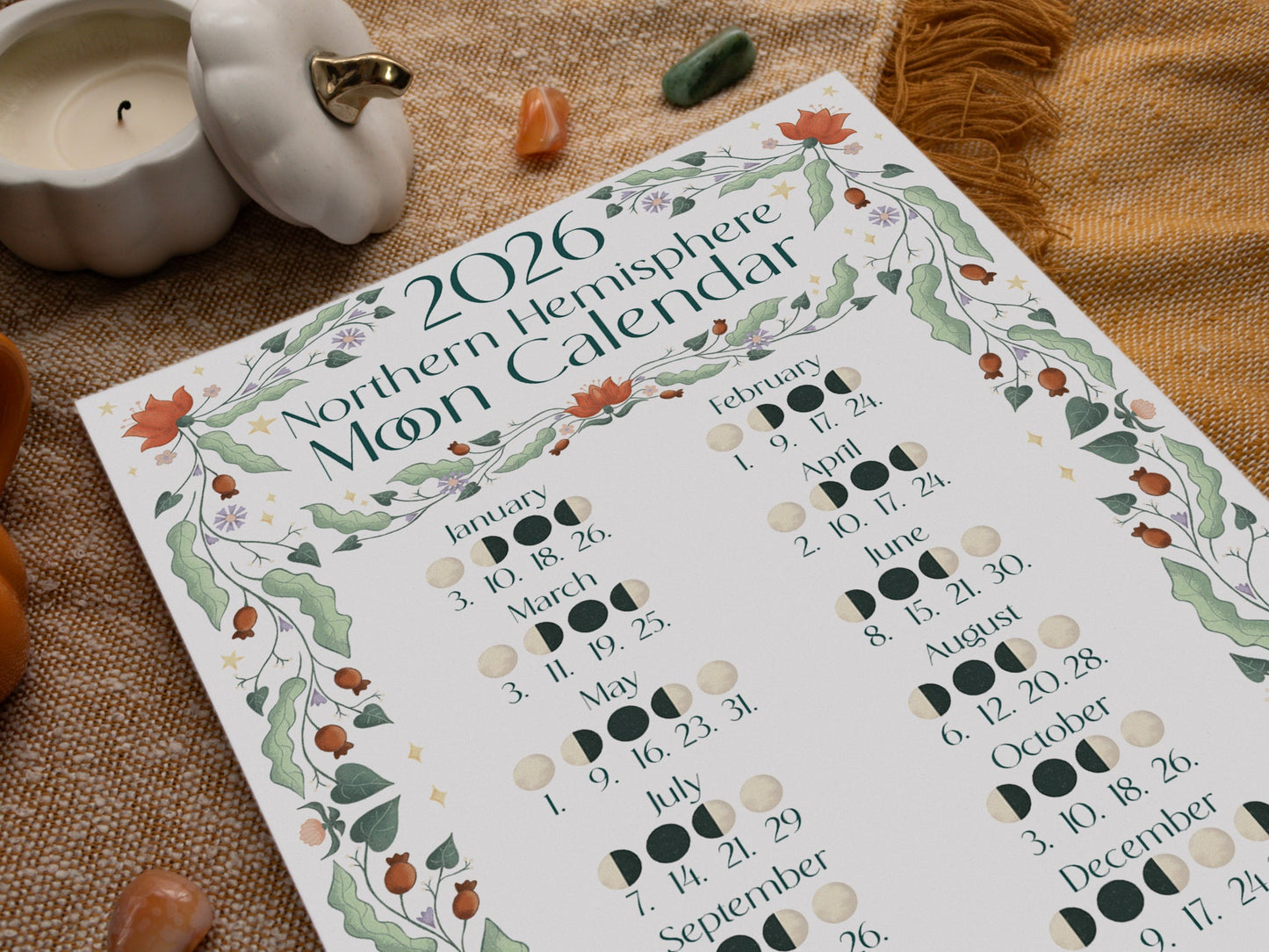 2026 Moon Calendar - A3 Print - Northern Hemisphere