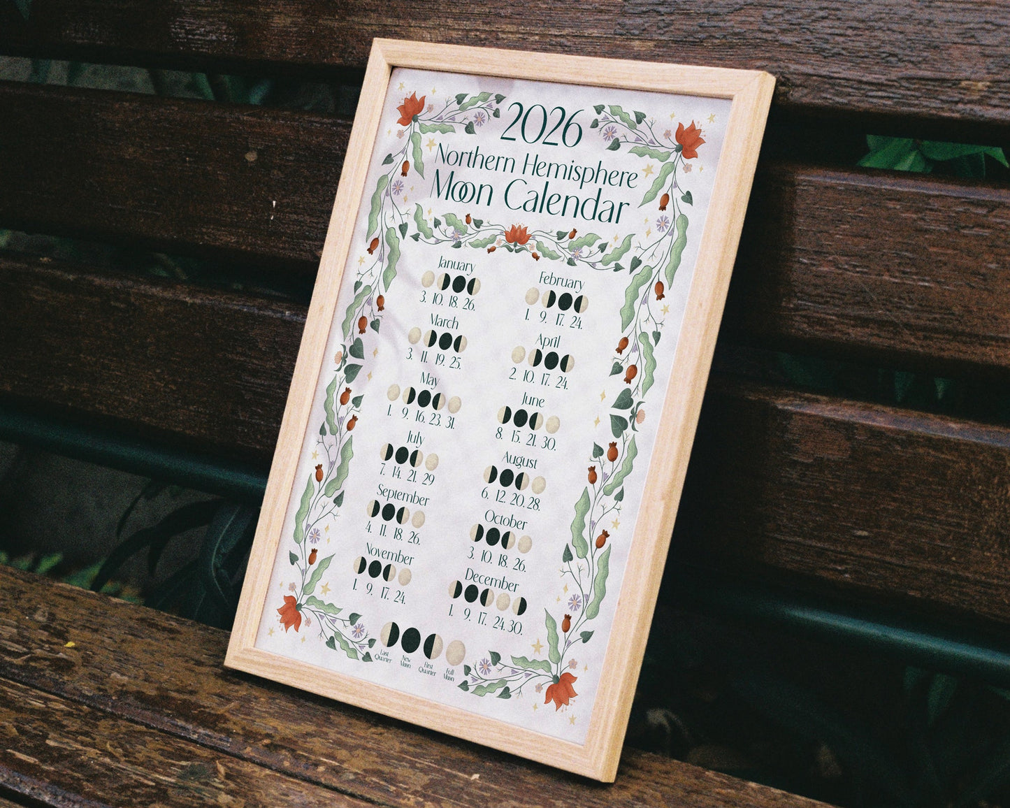 2026 Moon Calendar - A4 Print - Northern Hemisphere