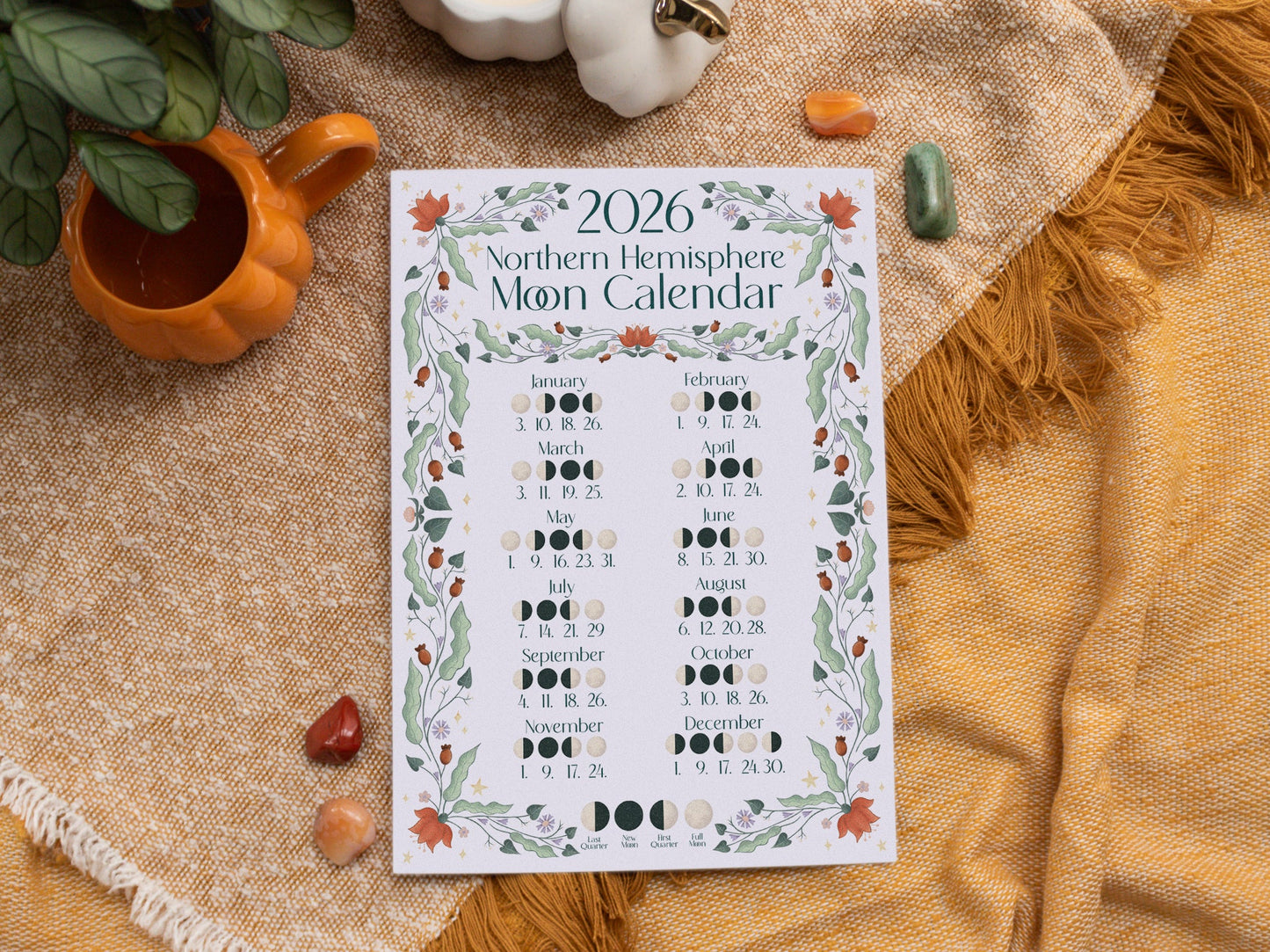 2026 Moon Calendar - A4 Print - Northern Hemisphere